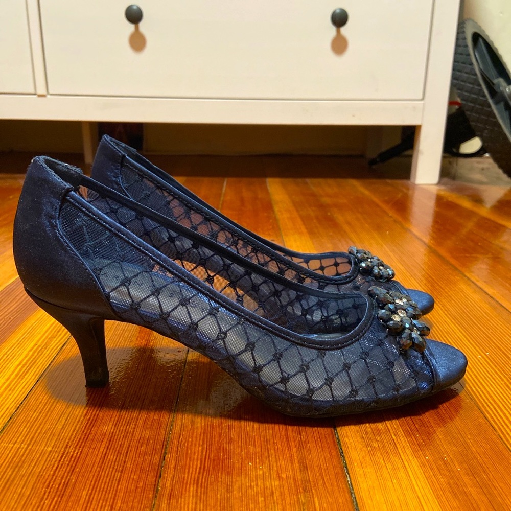 NWOT Karen Scott Womens Maralyn Open Toe Rhinestone Evening Heels, Navy US9